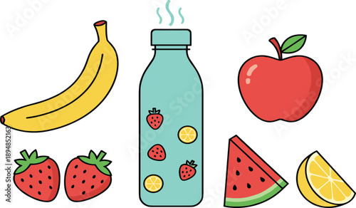 Healthy Fresh Fruits and Detox Water Bottle with Banana Apple Strawberry Watermelon and Lemon Vector Illustration