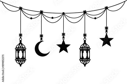 Islamic Icon Set with Moon Lantern Crescent and Mosque