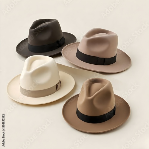 Minimalist flat lay of women’s hats collection, neutral tones