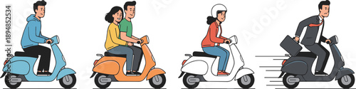 People Riding Scooter Collection with Couple Delivery Rider and Commuter Vector Illustration