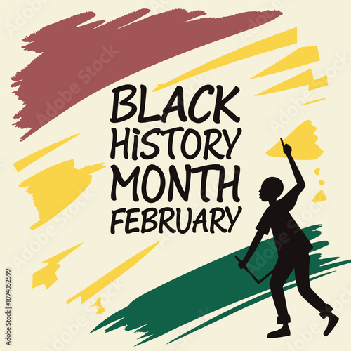 A vibrant graphic honoring February as black history month with symbolic Pan-African colors

