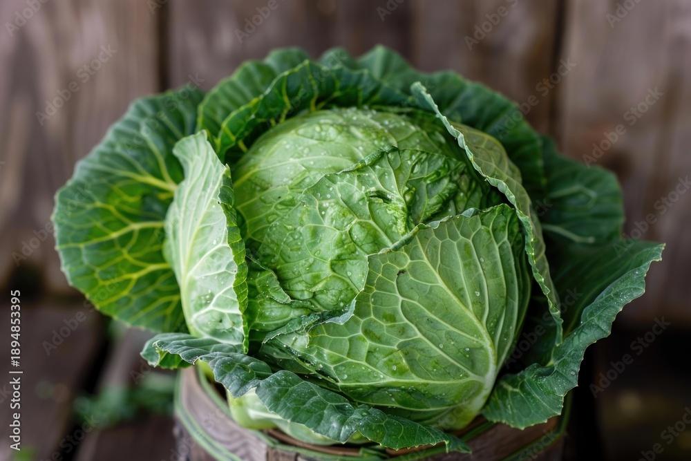 Fototapeta premium Close up of a fresh, vibrant green cabbage with visible water droplets, resting in a rustic wooden basket, emphasizing its natural texture and farm fresh appeal