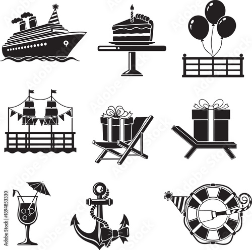 Vintage Travel and Celebration Icons Set in Minimalist Line Art Style