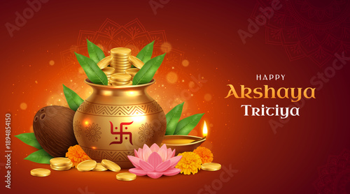 Vibrant Akshaya Tritiya celebration with golden pot and coins