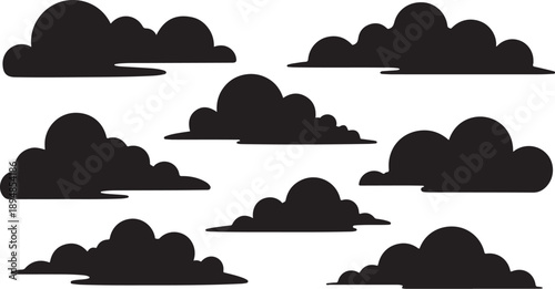 Collection of black cloud silhouettes on white background illustration