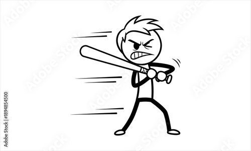 Aggressive stick figure character with baseball bat ready for a powerful swing