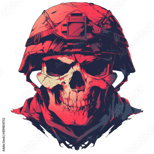 A stylized graphic illustration of a skull wearing a military helmet, rendered in striking red and dark blue tones with a grunge aesthetic.
