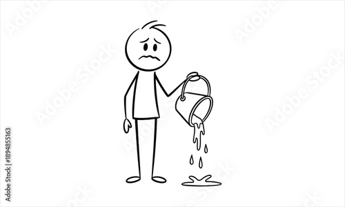 Sad stick figure with a spilled bucket, representing disappointment and loss