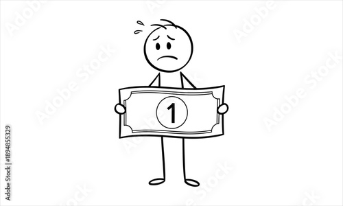 Stressed stick figure with single dollar bill, depicting financial worries and scarcity