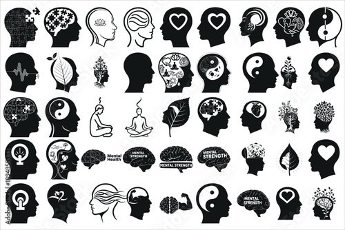 mental health awareness silhouettes symbolizing emotional wellbeing, self care, mindfulness, support, and healing