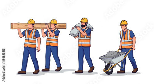 Construction workers performing various tasks on a white background.