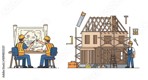 Construction workers planning building project and house construction.