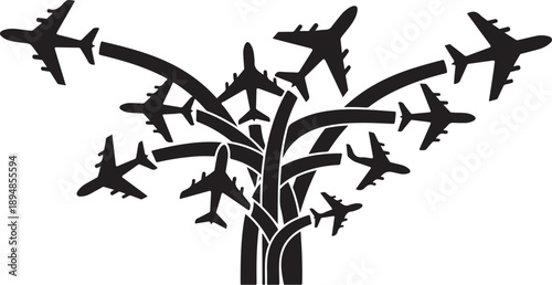 Airplanes flying around a tree in black silhouette style
