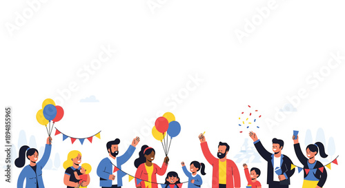 Happy people celebrating with balloons and banners