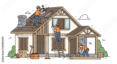 Construction workers repairing a residential house roof and exterior.
