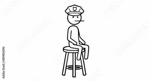 Stick figure police officer sitting on stool simple drawing.