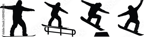 Black silhouette set of professional snowboarders performing freestyle jumps and rail slides stunts isolated on white background for winter sports graphic design concepts