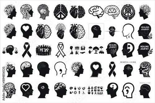 mental health awareness silhouettes symbolizing emotional wellbeing, self care, mindfulness, support, and healing