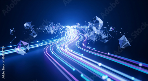Glowing neon lines and geometric shapes on blue background