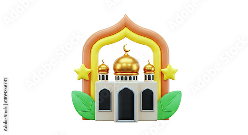3D Cartoon Mosque with Golden Domes and Crescent Moon