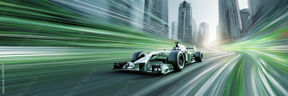 Obraz premium Formula racing cars speeding through futuristic city. Racing cars generating speed blur through a modern urban cityscape, showing dynamic action