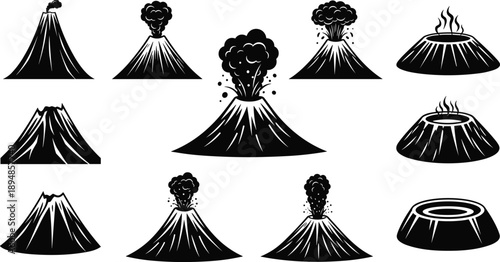 Black Volcano Silhouette Collection Featuring Erupting Mountains With Smoke Ash Clouds And Lava For Geology Disaster Nature And Science Design Vector Illustration Isolated
