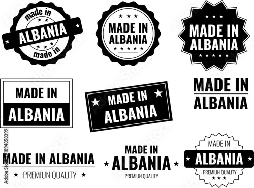 Icons set showing made in Albania labels for products with different designs and styles