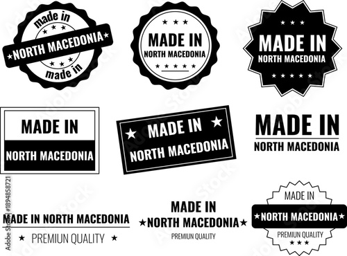 Icons set displaying made in North Macedonia product labels for local goods and services