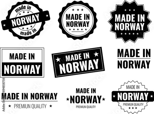 Set of made in Norway labels showing product emblems for local goods