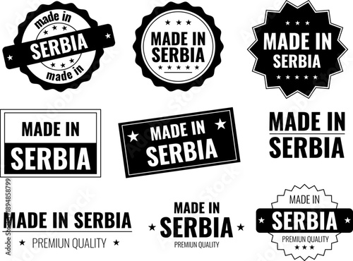 Set of icons for made in Serbia product labels showing various designs and styles in black and white