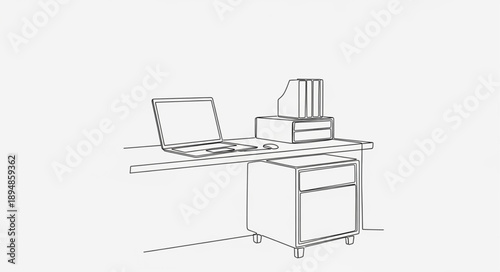 Desk with computer and printer line drawing illustration.