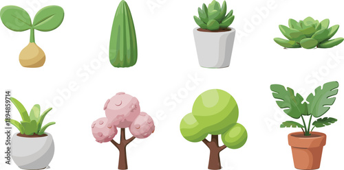 Flat Vector Illustration Set of Cute Potted Indoor Houseplants Garden Succulents and Stylized Outdoor Trees Isolated on White Background for Modern Organic Design