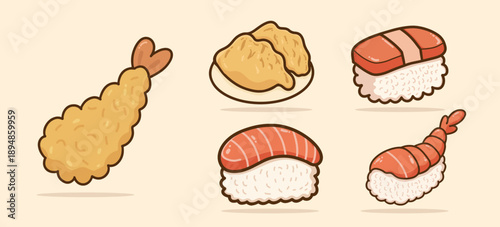 Japanese Food and Sushi Kawaii Doodle Illustration Set