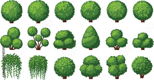 Flat Vector Illustration Set of Green Garden Bushes Hedges and Stylized Forest Trees Featuring Various Manicured Canopy Shapes Isolated on White Background for Landscape Design