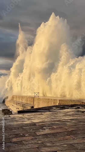 Wallpaper Mural Massive ocean wave crashing on concrete pier during storm at sunset Torontodigital.ca