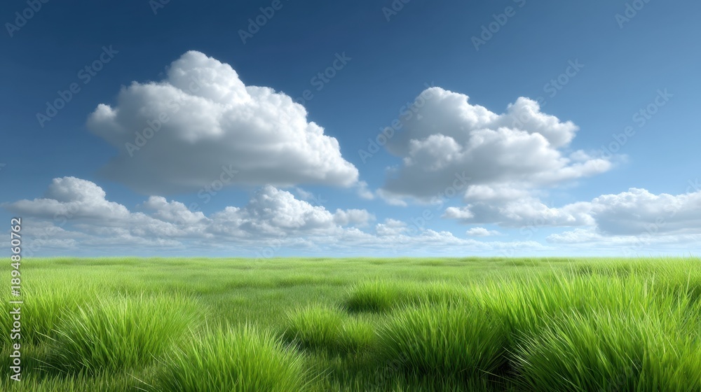 Fototapeta premium Lush Green Grassland Under Bright Blue Sky with Fluffy White Clouds in a Peaceful Natural Landscape Perfect for Relaxation and Outdoor Activities