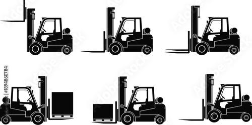 Forklift Truck Silhouette Set for Logistics and Warehouse Operations Featuring Industrial Lift Machinery Icons for Shipping Distribution Storage and Heavy Equipment Safety Training Manuals