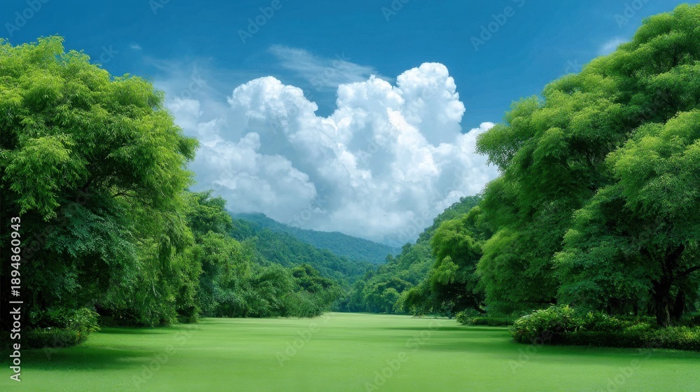 Obraz premium Lush Green Landscape with Vivid Blue Sky and Fluffy White Clouds Over Serene Meadow and Mountain Range in the Background