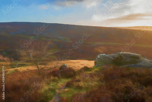A winter sunrise digital illustration of the view of Burbage valley and plantation in the South Yorkshire Peak District National Park, England. UK.