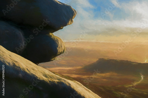 A winter sunrise digital illustration of the ancient Iron Age hill fort Carl Wark in the South Yorkshire Peak District National Park, England. UK.