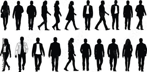 Large collection of casual men and women silhouettes walking and standing in various street poses for urban lifestyle community and pedestrian vector graphic designs