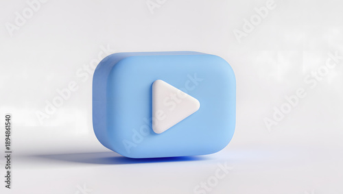 3D claymorphic play button icon with soft blue rounded square and white triangle on