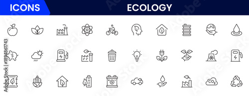 Ecology icon set. Environment, sustainability, nature, recycle, renewable energy, electric bike, eco-friendly, forest, wind power, green symbol vector collection.