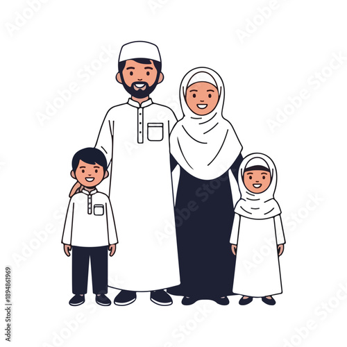 Happy Muslim Family Standing Together Portrait Vector Illustration