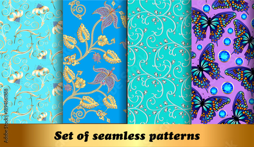 Illustration set of floral seamless patterns with precious stones and butterflies