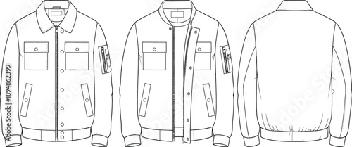 Men's Utility Bomber Jacket Fashion Flat Sketch Set, Technical Vector Drawing Template with Front and Back Views for Apparel Design Tech Pack and Manufacturing