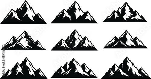 Mountain range silhouette set with peaks and ridges for outdoor adventure logo design, hiking emblem, nature travel icon, and rustic wilderness landscape vector.