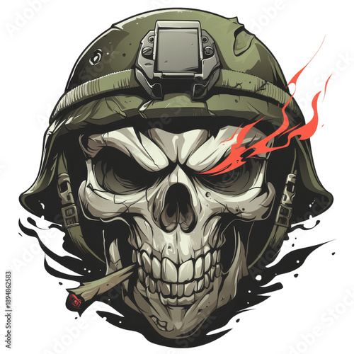 A menacing skull wearing a military helmet, smoking a cigar with a fiery red eye, in a graphic art style.