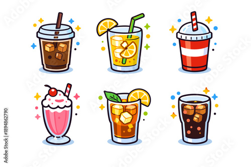 Colorful cartoon beverage icons set featuring iced coffee, citrus juice, soda, milkshake, cocktail, and cold brew drinks with straws and ice