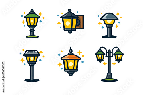 Set of colorful outdoor street lamp icons including lantern, wall-mounted light, garden post lamp, and double-headed fixture on white background